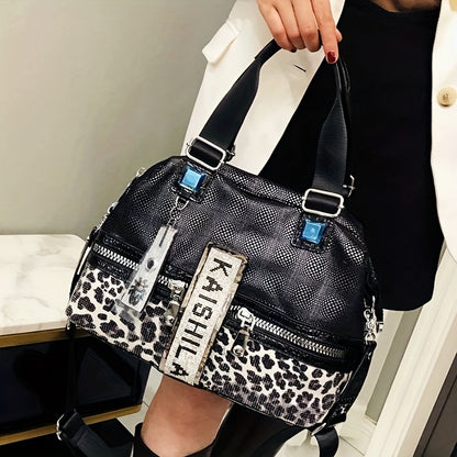 Glamour Rhinestone Tote - Spacious Leopard Print Crossbody Satchel with Zipper, Adjustable Strap & Comfort Grip Handle - Perfect for Everyday Fashion