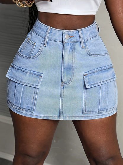 Sexy Bodycon Mini Cargo Denim Skirt - Women's Denim Skirts with Flap Pocket, Slim Fit, Washed Blue, Plain Design, Stylish and Fashionable - Perfect for Casual Daily Wear