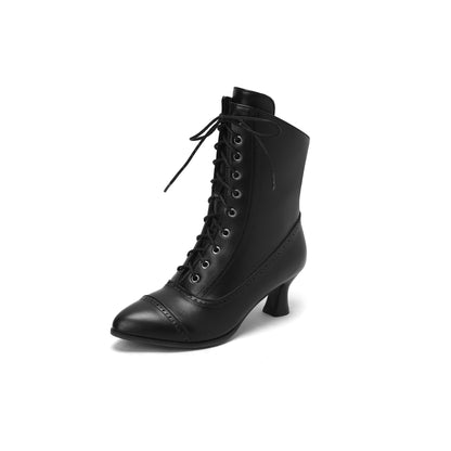 Womens Chic Solid Color High Heel Dress Boots - Trendy Pointed Toe, Lace-Up Closure & Side Zipper - Ultra-Stylish for Fashion-Forward Looks