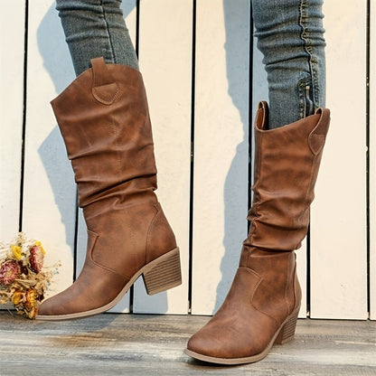 Multi-Season Chic Women's Motorcycle Boots: Comfy Block Heel, Solid Color, Slip-On, Round Toe Fashion