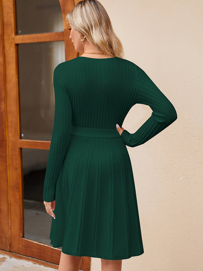 Solid Color Ribbed Dress, Elegant Tie Waist Long Sleeve Surplice Neck Loose Dress For Spring & Fall, Women's Clothing