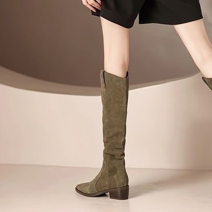 Knee High Boots - Ultra-Comfortable Slouchy Design, Trendy V-Cut, Easy Pull-On, Chunky Heel, Classic Cowboy Style - Exclusively for Women, Fashion-Forward, Solid Color Options