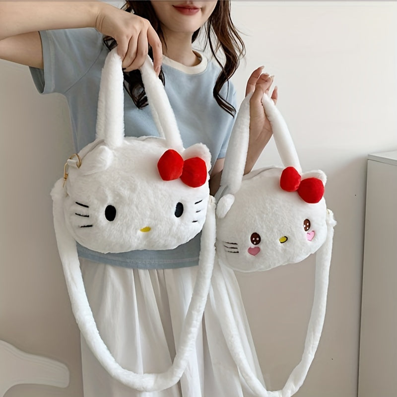 HelloKitty Sanrio Faux Fur Handbag | Anime Cartoon-Themed, Removable Strap, Zipper Closure, Polyester Lined