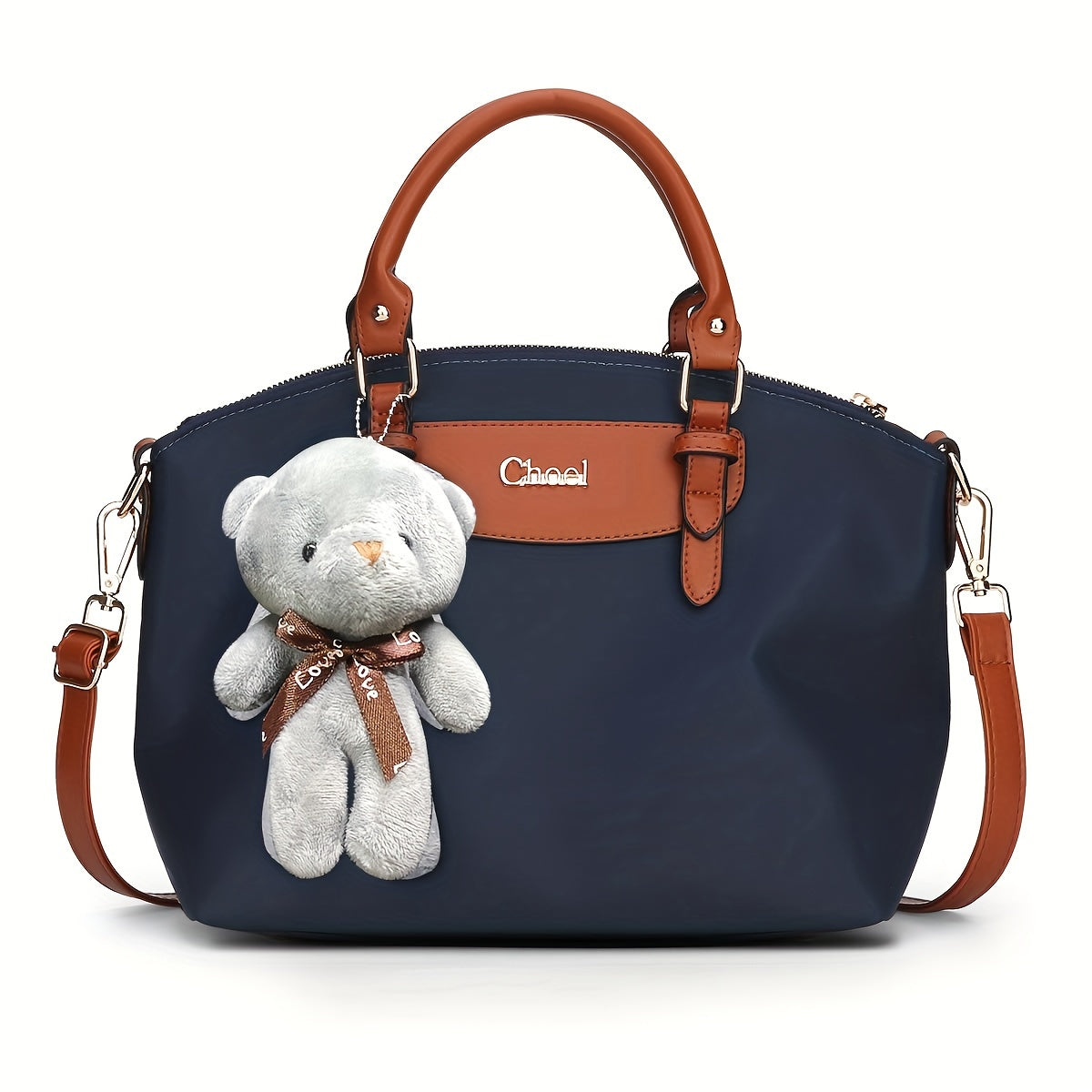 Classic Oxford Cloth Crossbody Bag for Women - Adjustable Strap Nylon Shoulder Purse with Bear Charm