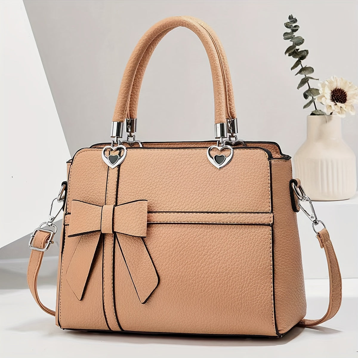 Elegant Women's Tote Bag with Bowknot Design - Chic Faux Leather Shoulder & Crossbody Handbag, Detachable Strap, Zip Closure