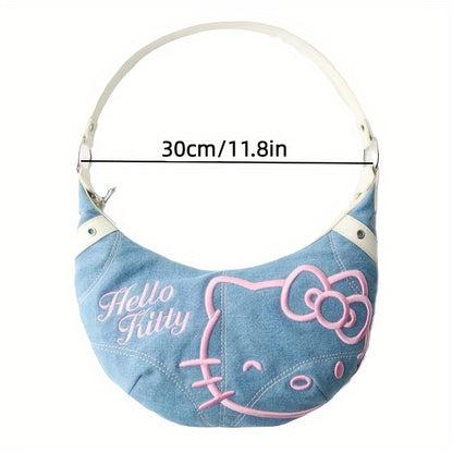 Hello Kitty Denim Shoulder Bag - Chic Underarm Crossbody Tote, Secure Turn-Lock Flap & Chain, Casual Fashion Handbag for Shopping, Travel, Outdoor - Birthday Party Gift, No Electricity Needed