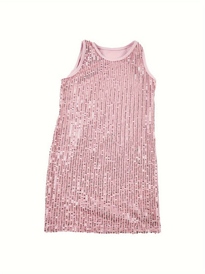 Glitzy Sparkling Sequin Dress for Girls - Crew Neck, Sleeveless, Perfect for Prom, Parties & Performances - A Glamorous Gift for Special Occasions