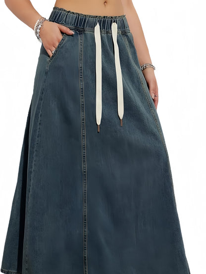 Elegant Women's Denim Midi Skirt with Pockets - Stretch Waist, Loose Fit, Non-Stretch Fabric, Machine Washable - Perfect for Spring/Summer/Fall