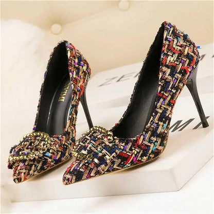 Dress Shoes Korean Mixed Colors Woolen Women Pumps New Elegant Crystal Metal Buckle Womens High Heel Shoes Autumn Shallow Dress Office ShoeL464