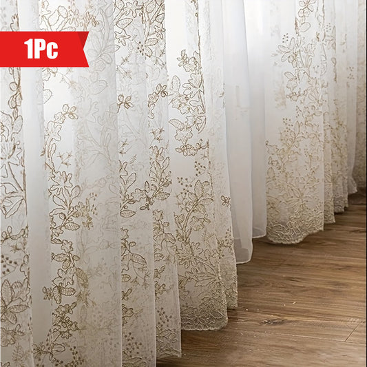 1pc Luxurious Golden Thread Embroidered Sheer Curtain - Elegant European Window Treatment with Rod Pocket, Transparent Voile Fabric, and Delicate Pattern - Perfect for Living Room, Bedroom, and Home Decor