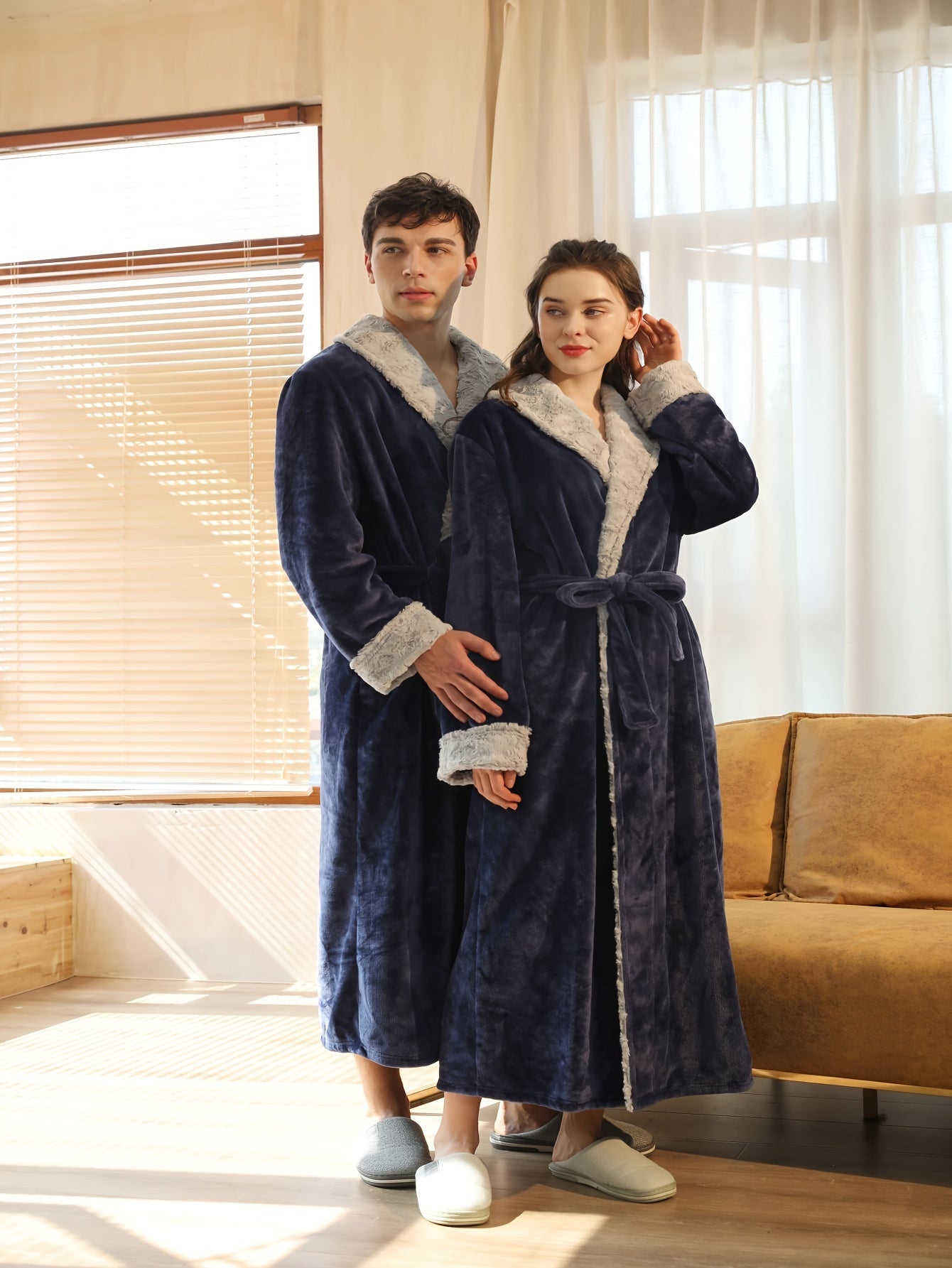 Men's Comfy Solid Fleece Robe Lapel Collar Home Pajamas Wear With Pocket One-piece Lace Up Kimono Night-robe Warm Sets After Bath