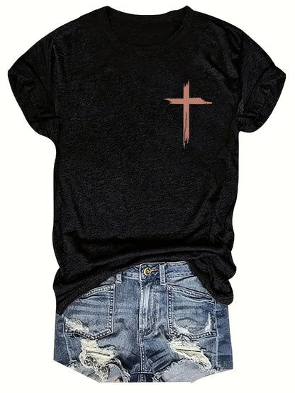 Vibrant Cross Faith Print T-shirt - Comfortable Short Sleeves for Warm Weather, Classic Crew Neck Design for a Timeless Look, Relaxed Fit Casual Top for Everyday Wear - Perfect for Warm Seasonal Occasions, Designed Exclusively for Women