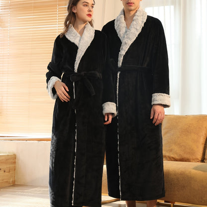 Men's Comfy Solid Fleece Robe Lapel Collar Home Pajamas Wear With Pocket One-piece Lace Up Kimono Night-robe Warm Sets After Bath