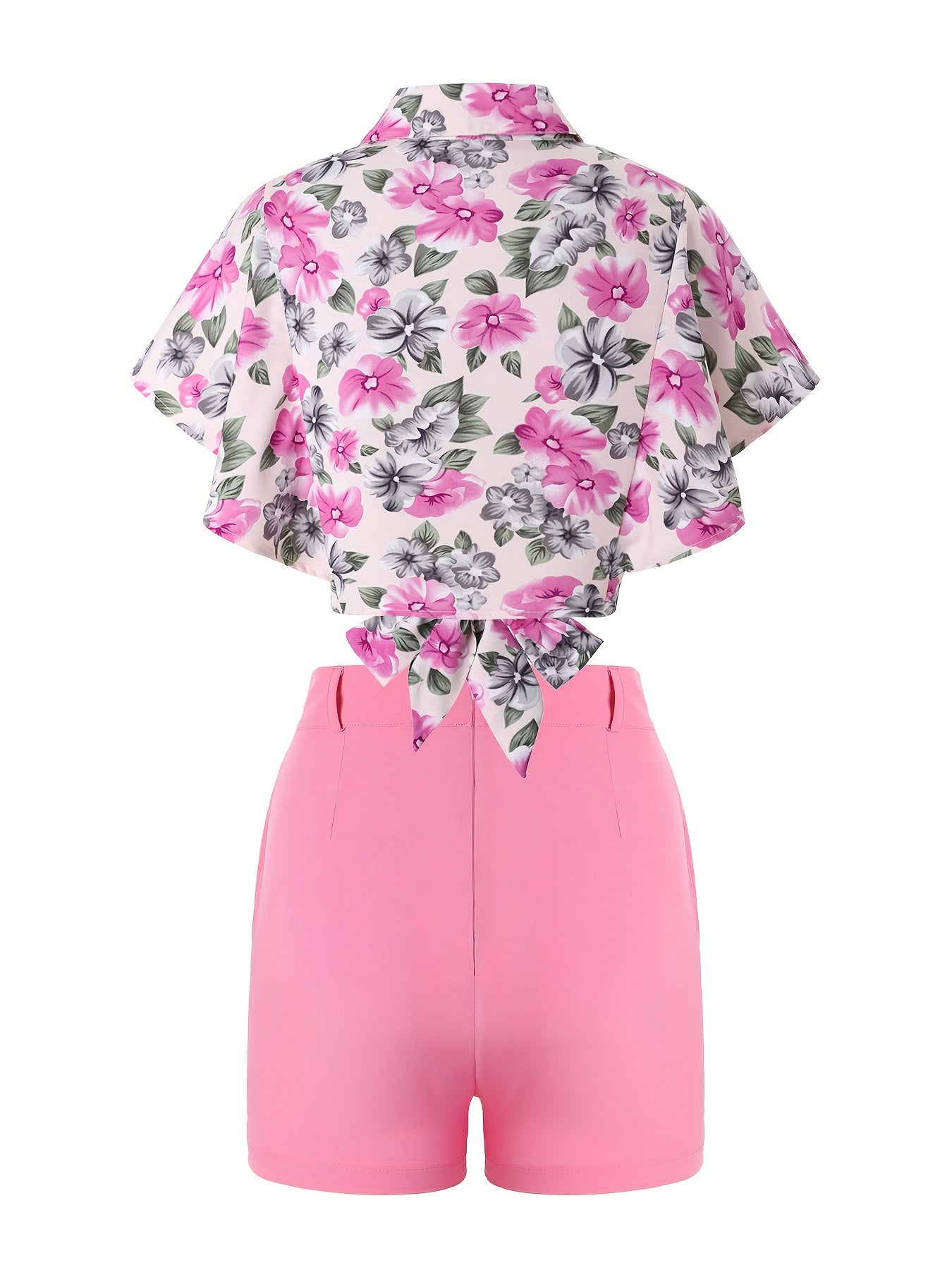 2pcs Chic Floral Crop Shirt & Solid Shorts Set - Breathable, Comfort Fit for Stylish Spring & Summer Wear, Ideal Women's Casual Outfit