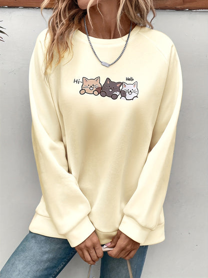 Cozy Fall/Winter Cat Print Sweatshirt - Easy-Care, Micro-Elastic, Casual Style for Women