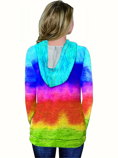 Ombre Kangaroo Pocket Hoodie, Casual Long Sleeve Drawstring Hoodies Sweatshirt, Women's Clothing