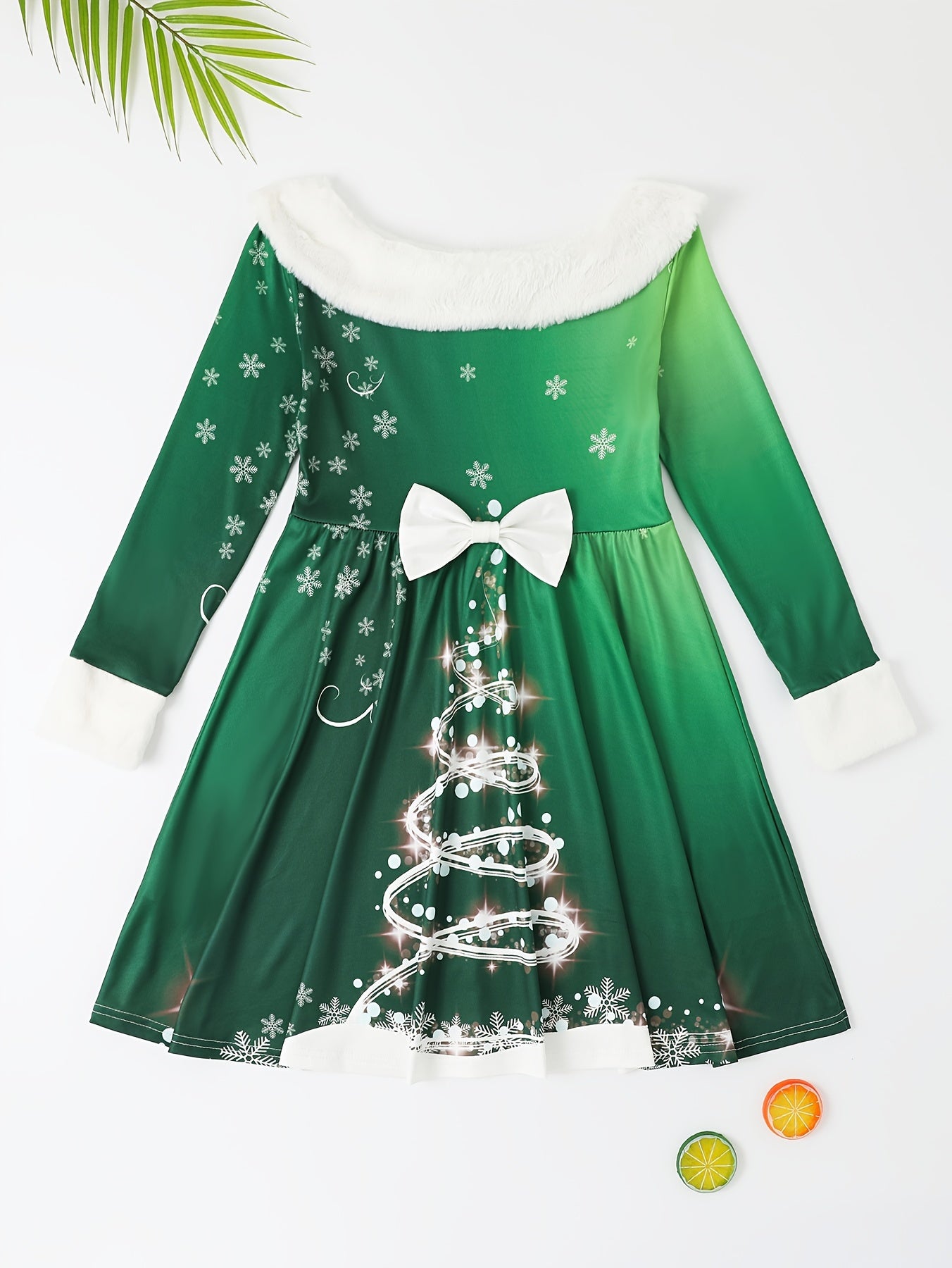 Comfy & Casual Girls' Shiny Bow Christmas Tree Print Dress for Christmas Gift