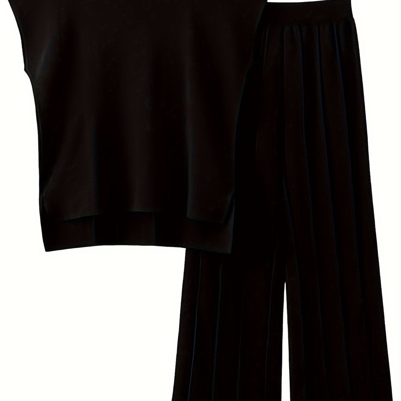 Flattering Womens Solid Color Two-Piece Outfit - Cap Sleeve Crew Neck Top with Split Hem & Flowy Wide Leg Pants - Stylish Casual Wear for Everyday Elegance