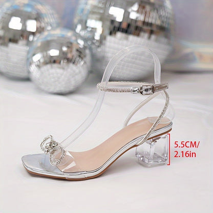 Elegant Womens Chunky Heel Sandals with Sparkling Rhinestone Detail, Chic Bowknot, Fashionable Buckle Strap - Perfect for Special Occasions