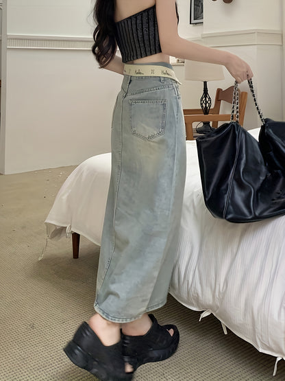 Flipped Waist Denim Midi Skirt, Slant Pockets Split Denim Skirt, Women's Denim Clothing