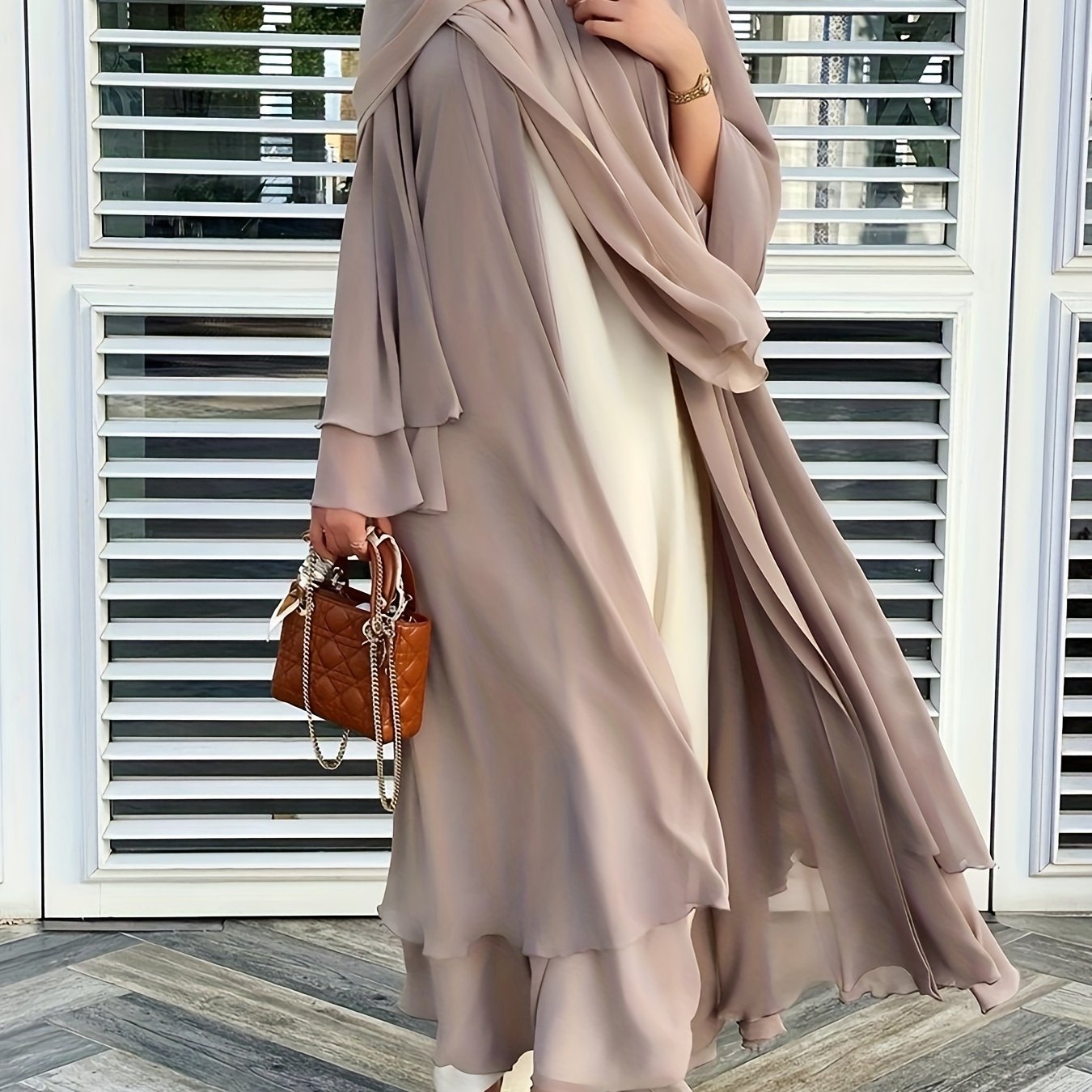 Long Sleeve Elegant Modest Cover Up Dress - Semi-Sheer, Solid Color, Polyester, Loose Fit, Middle East Style, Woven, No Elasticity, Perfect for All Seasons