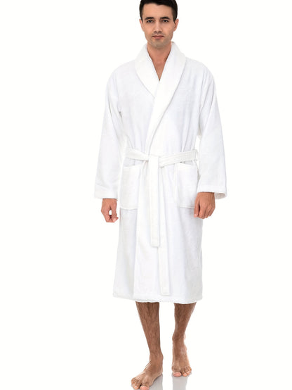 Men's Plush Flannel V-Neck Robe - All-Season Comfort, Stretch Fit, Solid Color, Sizes S-XXL