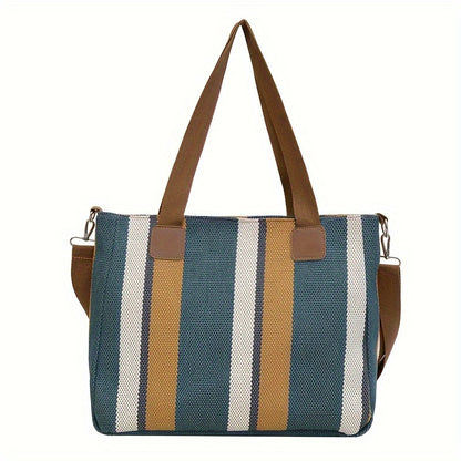 Striped Large Capacity Women's Bag New Style Fashion Commuting Casual Stylish Hand-held Tote Shoulder Messenger Bag Simple Top Handle Bag Ladies Nylon Handbag Casual Women's Large Shopping Bag