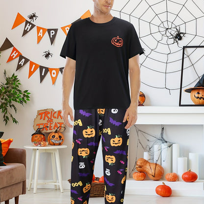 Men's Trendy Casual Halloween Pajamas Sets, Pumpkin Graphic Print Long Sleeve Crew Neck Top & Loose Pants Lounge Wear