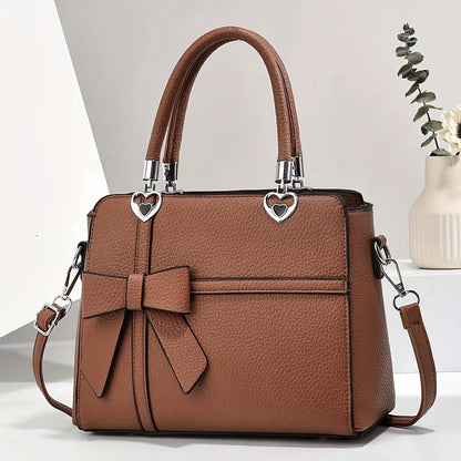 Elegant Women's Tote Bag with Bowknot Design - Chic Faux Leather Shoulder & Crossbody Handbag, Detachable Strap, Zip Closure