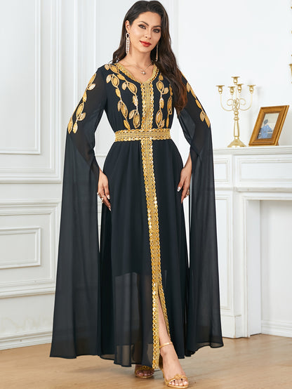 Luxurious Embroidered V-Neck Kaftan Maxi Dress - Elegant Tied Waist, Flowy Cape Sleeves, Comfortable Women's Clothing for Special Occasions - Perfect for Formal Events, Weddings, and Parties