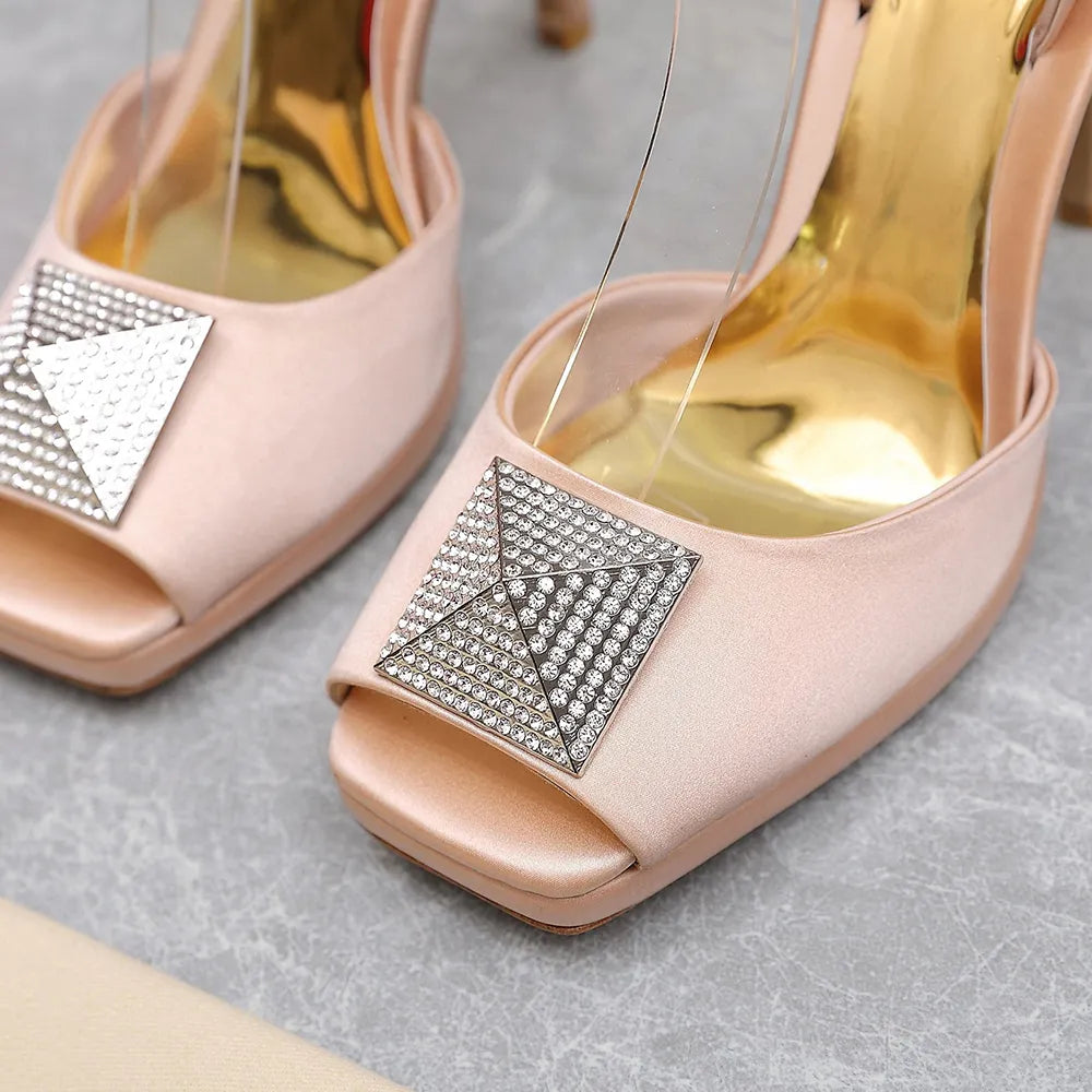 Fashionable womens slim high heel sandals with diamond metal buckle fish mouth and ankle strap at the back size 35-41