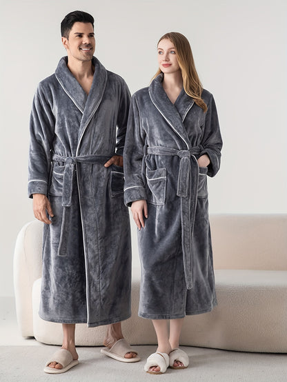 Polyester Flannel Couples Bathrobe Set - Comfortable V-Neck Long-Sleeve Loungewear for Men and Women, Warm Plush Robe for Fall/Winter, Solid Color Knit Fabric with No Detail, Regular Fit