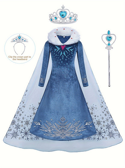 Girl's Princess Dress, Furry Collar Mesh Cape Snowflake Print Long Sleeve Dress, Ice Snow Queen For Halloween Holiday Party Prom Birthday Performance