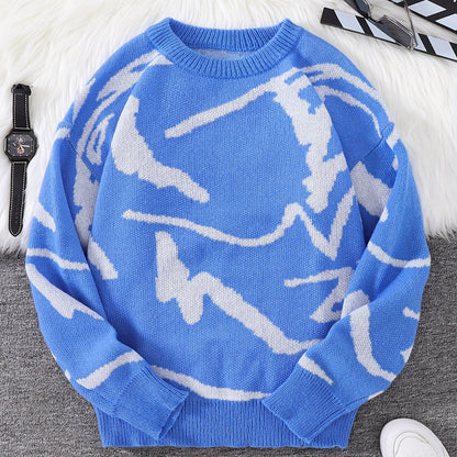 Long Sleeve Chic Graffiti Graphic Knit Sweater - Crew Neck, Polyester, Slight Stretch, Regular Fit, Hand Wash - Trendy Daily Wear for Spring and Autumn