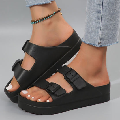 Low Heel Adjustable Double Buckle Strappy Back EVA Sandals - Comfortable Arch Support, Waterproof, Fashionable, and Breathable - Perfect for Beach, Summer, and Casual Occasions