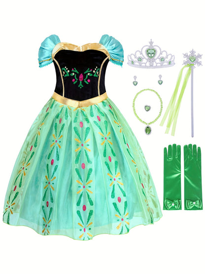 Toddler Girls Puff Sleeves Glitter Flowers Mesh Princess Dress Dress Up Halloween Party Performance Outfit & Crown & Magic Wand & Necklace Ring & Gloves Accessories Set