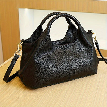 Luxury Black Leather Tote Bag with Golden Hardware - 35cm/13.78in x 17cm/6.69in - Zip Closure - Polyester Lining - Made in Guangzhou