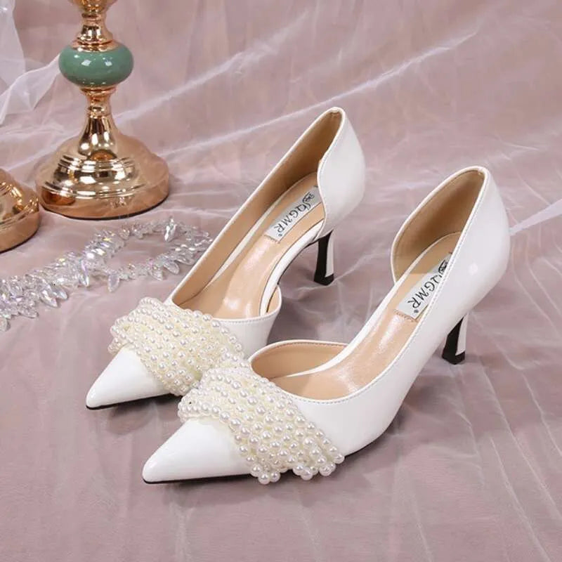 New Pearl Stiletto Heels Fairy White Wedding Bridesmaid Shoes Fashion Party Pumps Kq8