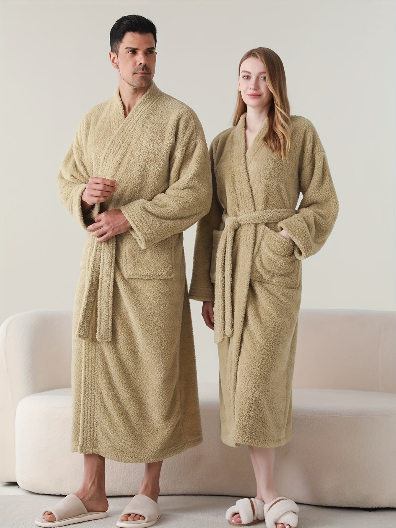 Luxurious Soft Polyester V-Neck Long Sleeve Robe Set with Pockets - Casual Solid Color Knit Fabric Couples Loungewear with Waist Tie, Perfect for Fall/Winter Season - Unisex Home Wear and Sleepwear with Functional Placket