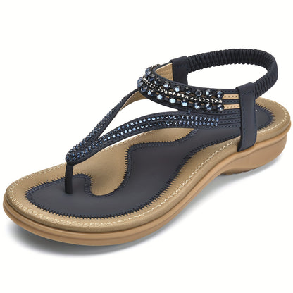 Rhinestone Arch Support Sandals - Comfortable Dressy T-Strap Thong Flat Sandals for Women - Casual Wear, Breathable, Adjustable Strap, Slip-Resistant Outsole, Perfect for Summer Outings and Special Occasions