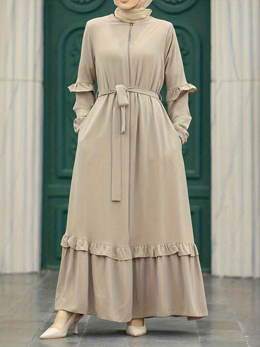 Elegant Modest Maxi Kaftan Dress - Long Sleeve, Tie-Waist with Chain Detail, Zip-Front, Durable All-Season Women's Fashion