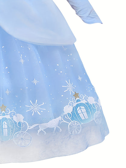 Fairy Tale Princess Dress & Sleeves Set, Girl's Pumpkin Wagon Print Puff Sleeve Mesh Dress, Dress Up Outfits For Christmas Halloween Party Birthday Performance, As Gift