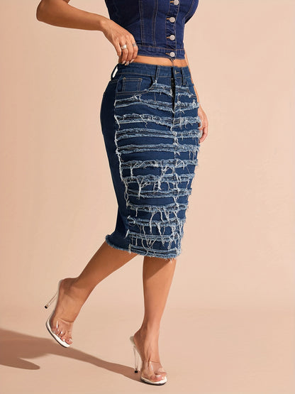 Midi Length Women's High Stretch Denim Pencil Skirt - Frayed Hem, Button Detail, Solid Color, Regular Fit, Mid Waist, Woven Fabric, Perfect for Spring/Summer/Fall