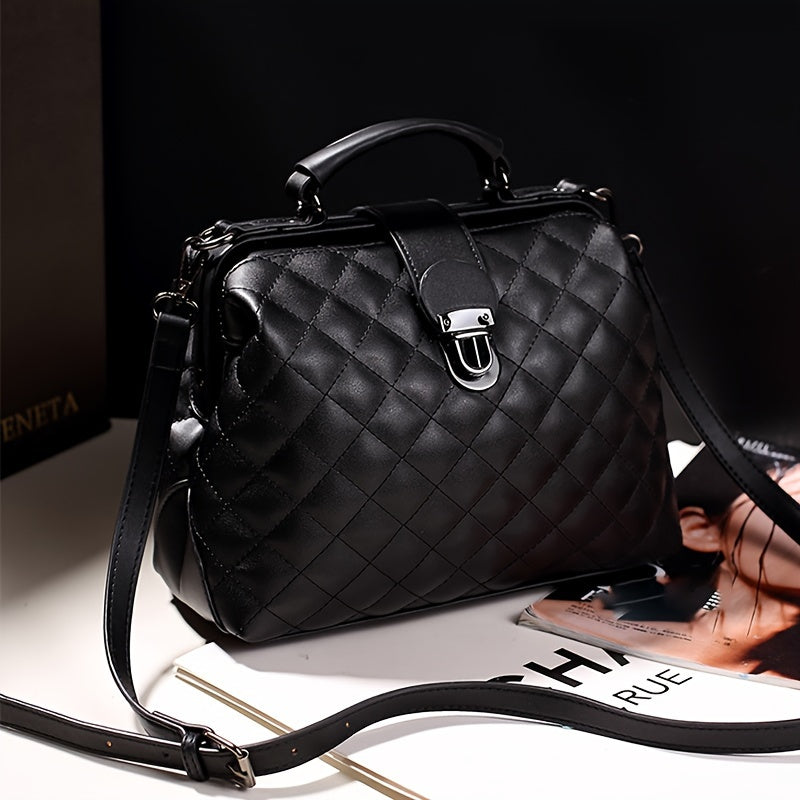 Chic Women's Fashion Handbag - Simple Autumn & Winter Diamond Quilted Crossbody Bag with Detachable Strap, Kiss Lock Closure, Polyester Lining, PU Material in Black, Blue, White, Burgundy; Care Instructions: See Label