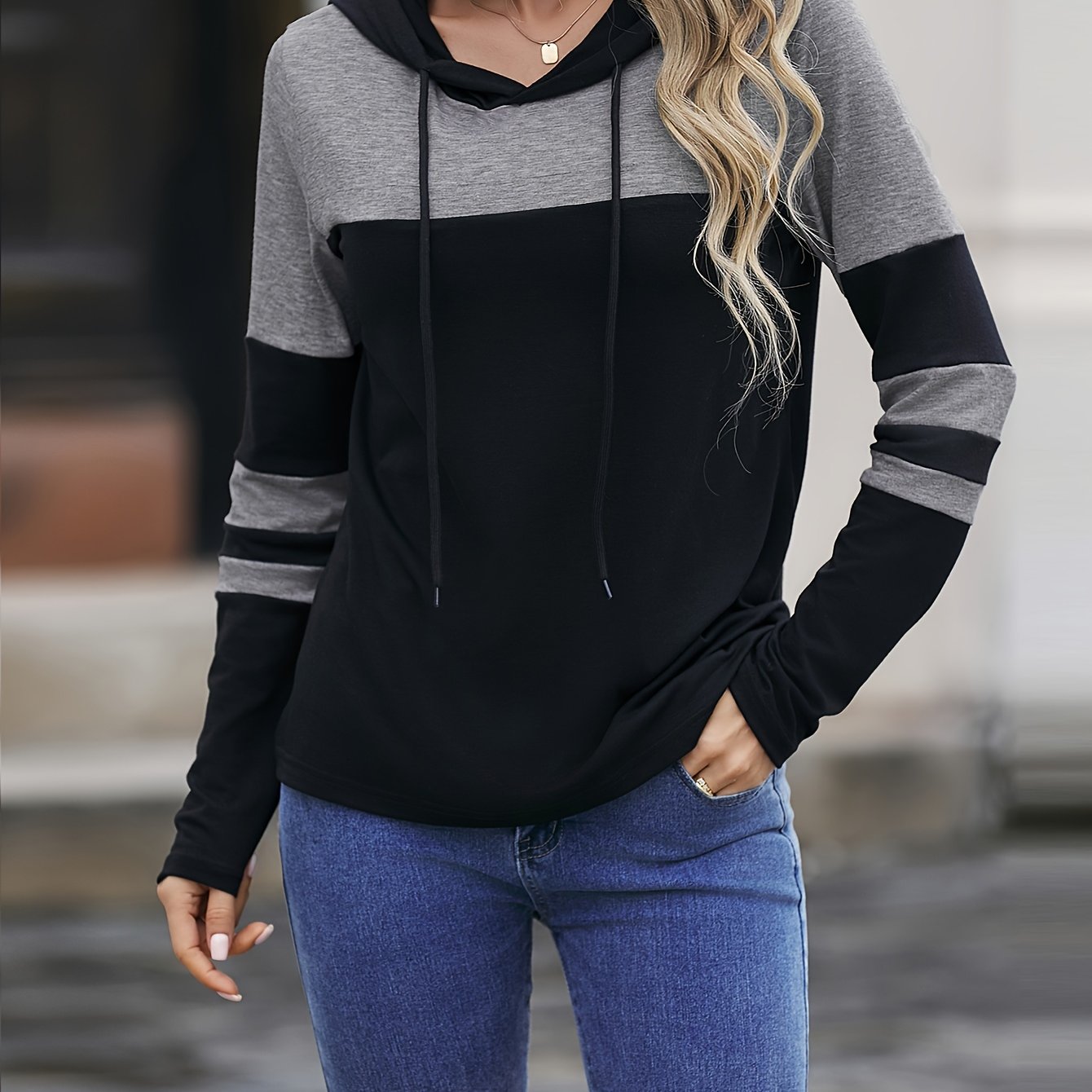 Colorblock Striped Hoodie, Casual Drawstring Long Sleeve Top For Spring & Fall, Women's Clothing