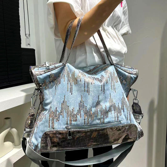 Chic Tie-Dye Denim Tote Bag with Sequin Detail - Elegant Shoulder & Crossbody Handbag for Women, Lightweight & Versatile