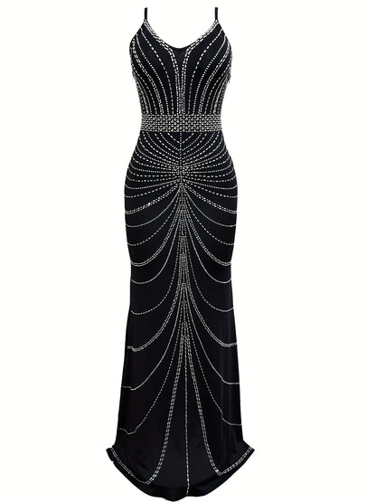 Elegant Backless Bodycon Dress - Rhinestone Accented Spaghetti Strap, Extra-Long Polyester Blend for Spring/Summer Chic