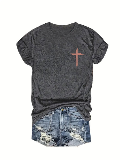 Vibrant Cross Faith Print T-shirt - Comfortable Short Sleeves for Warm Weather, Classic Crew Neck Design for a Timeless Look, Relaxed Fit Casual Top for Everyday Wear - Perfect for Warm Seasonal Occasions, Designed Exclusively for Women