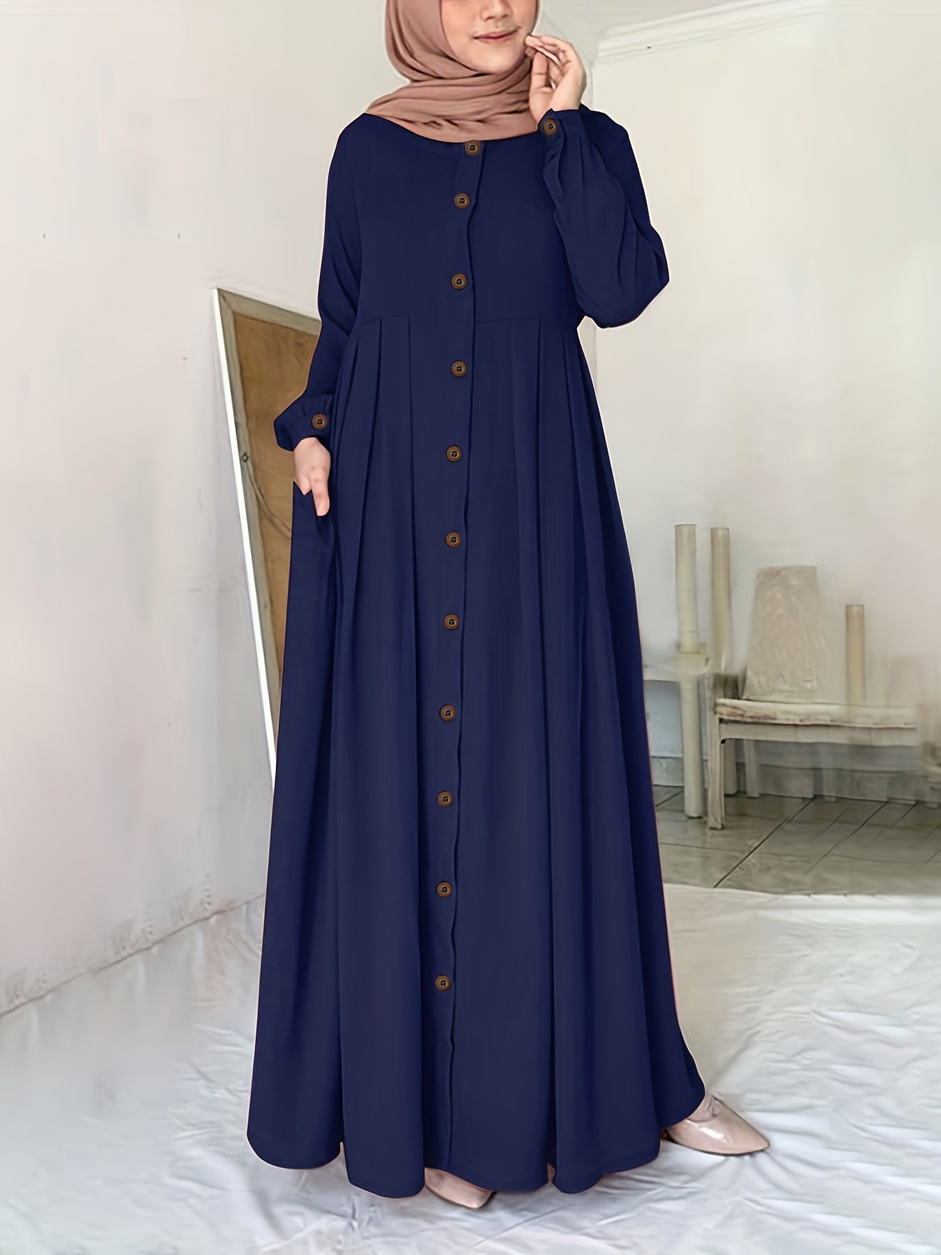 Elegant Puff Sleeve Maxi Dress - Ruched Button Detail - Versatile for Ramadan & Special Occasions - Women's Fashion