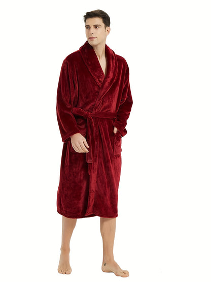 Men's Plush Flannel V-Neck Robe - All-Season Comfort, Stretch Fit, Solid Color, Sizes S-XXL